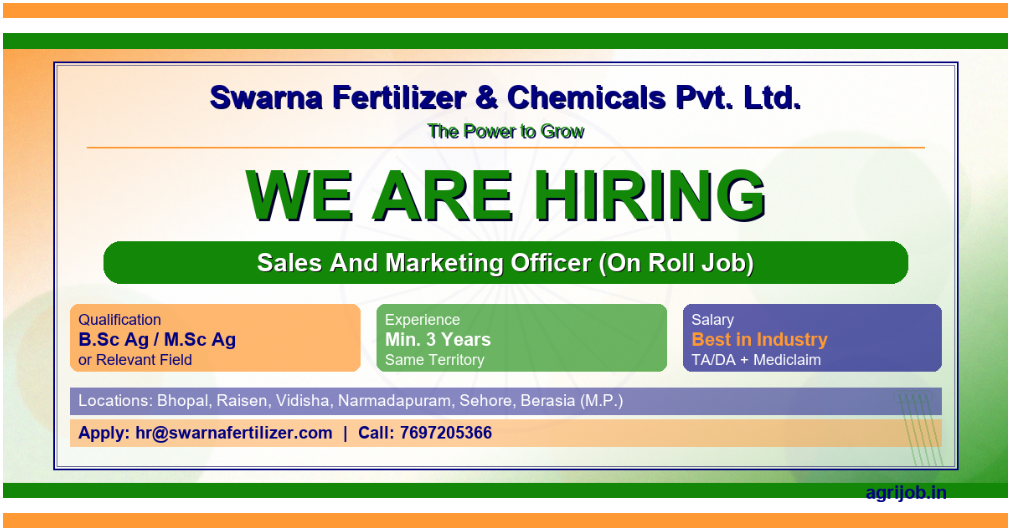 Swarna Fertilizer Sales And Marketing Officer Recruitment 2026 – On Roll Job | B.Sc Ag / M.Sc Ag | Apply Now