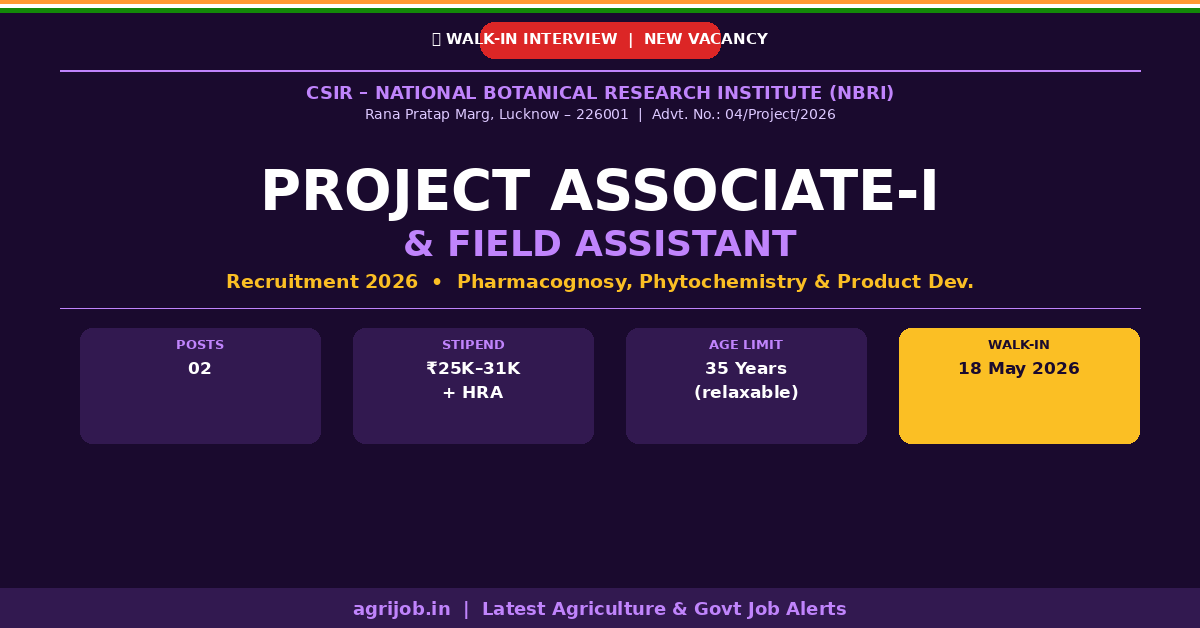 CSIR-NBRI Project Associate Recruitment 2026 Notification Banner – agrijob.in