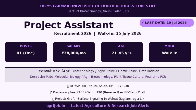 UHF Nauni Project Assistant Recruitment 2026 Vacancy Overview Infographic – agrijob.in
