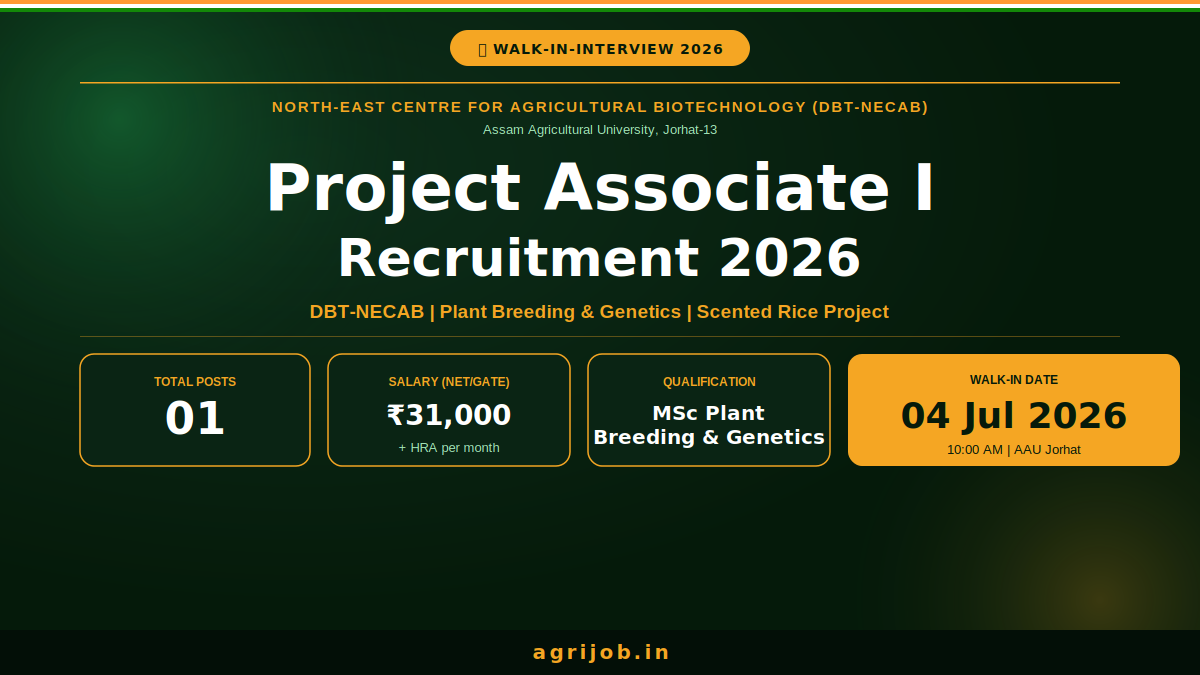 DBT-NECAB Project Associate Recruitment 2026 Notification Banner – agrijob.in