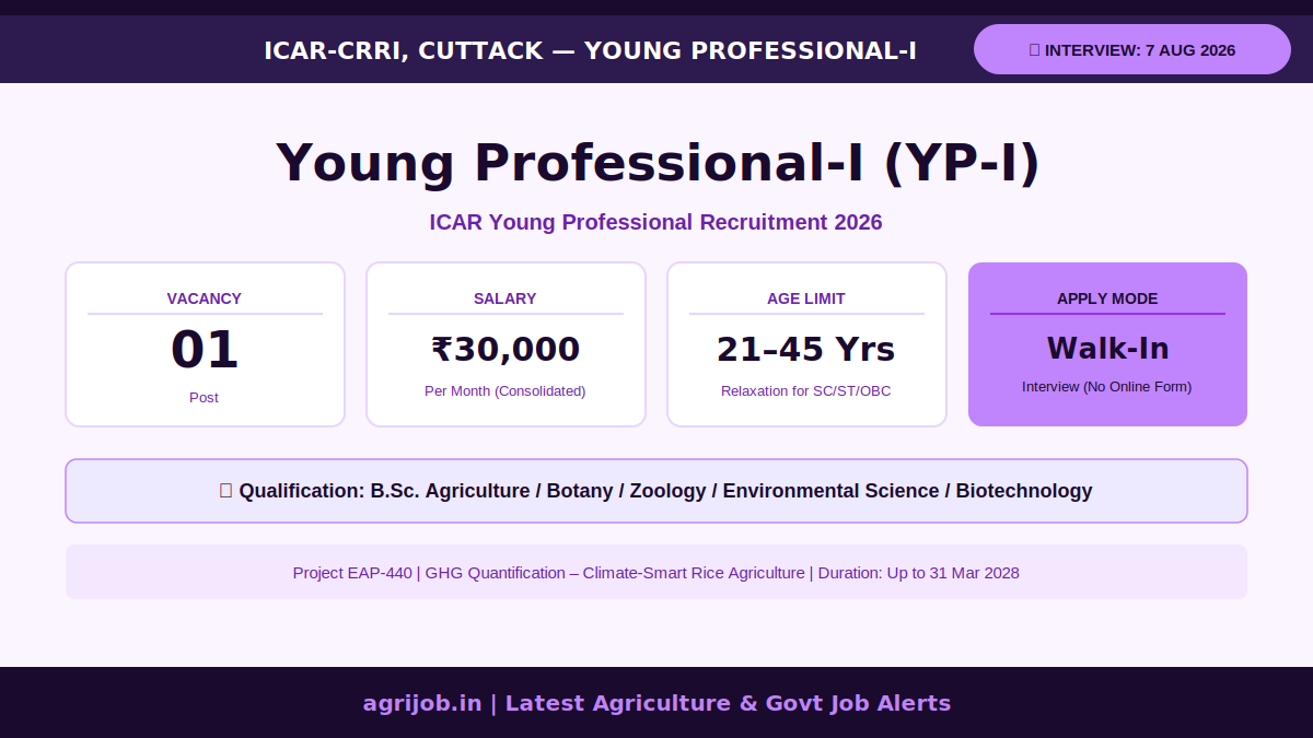 ICAR-CRRI Young Professional Recruitment 2026 Vacancy Overview Infographic – agrijob.in