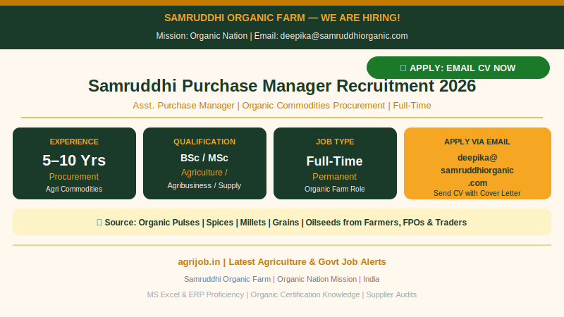Samruddhi Organic Farm Purchase Manager Recruitment 2026 Vacancy Overview Infographic – agrijob.in