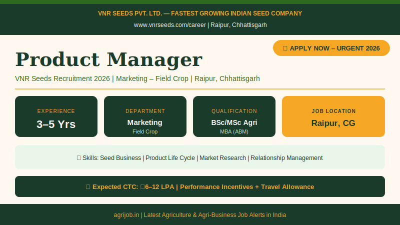 VNR Seeds Product Manager Recruitment 2026 Vacancy Overview Infographic – agrijob.in