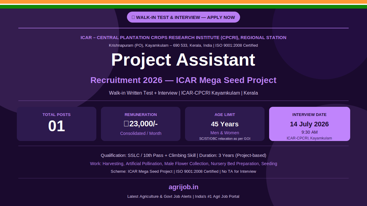 ICAR CPCRI Project Assistant Recruitment 2026 Notification Banner – agrijob.in