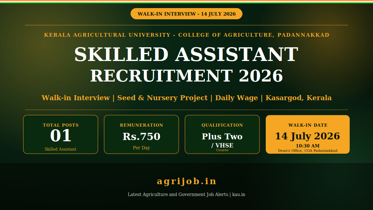 KAU Skilled Assistant Recruitment 2026 Notification Banner – agrijob.in