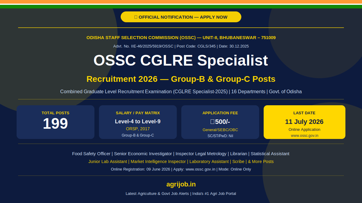 OSSC CGLRE Specialist Recruitment 2026 Notification Banner – agrijob.in