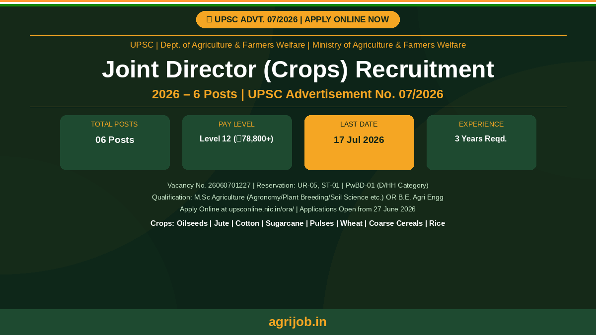 UPSC Joint Director Crops Recruitment 2026 Notification Banner – agrijob.in
