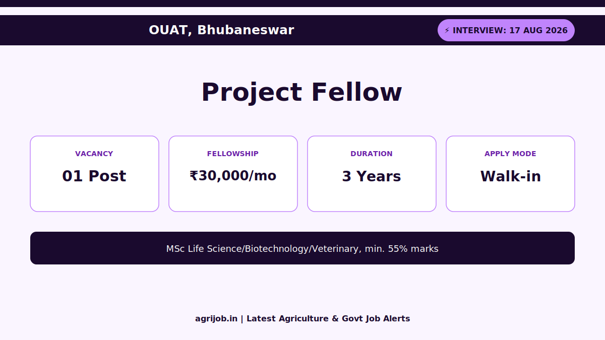 OUAT Project Fellow Recruitment 2026 Vacancy Overview Infographic – agrijob.in