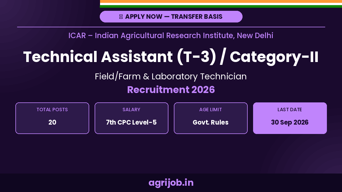 ICAR IARI Technical Assistant Recruitment 2026 Notification Banner – agrijob.in
